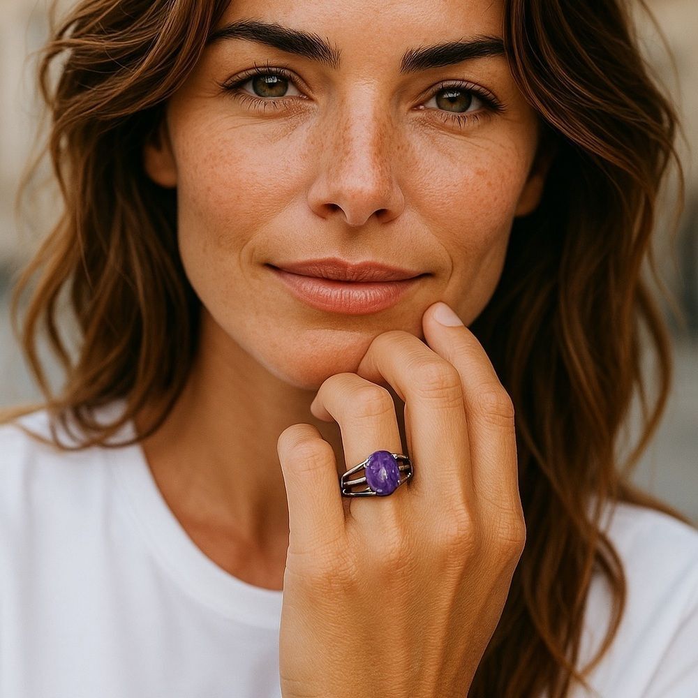 Vibrant  charoite‎ Gemstone metal alloy Ring